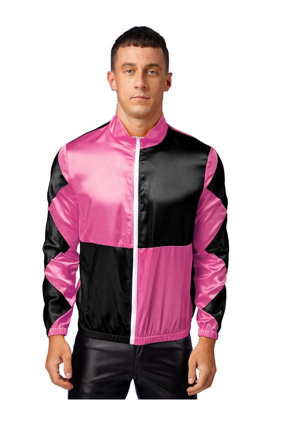 Mens Halloween Satin Jackets Horse Racer Checkerboard Coats Hot Pink&Black M