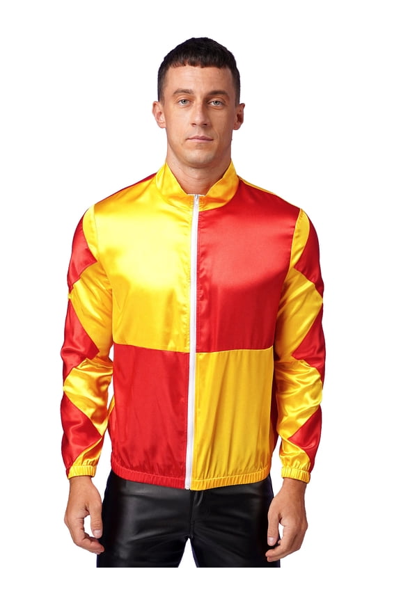 Mens Halloween Satin Jackets Horse Racer Checkerboard Coats Yellow&Red 3XL