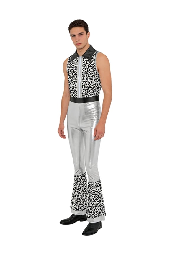 Mens Metallic Shiny Disco Jumpsuit Party Hip Hop Jazz Dance Unitard Romper Tiered Flared Long Pants Silver XL
