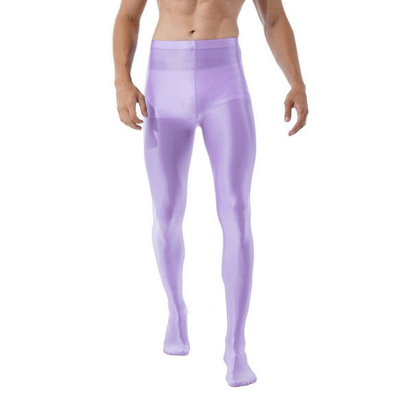 inlzdz Mens Oil Shiny High Waist Pantyhose Solid Color Stretchy Footed Leggings Yoga Pants Light Purple XL