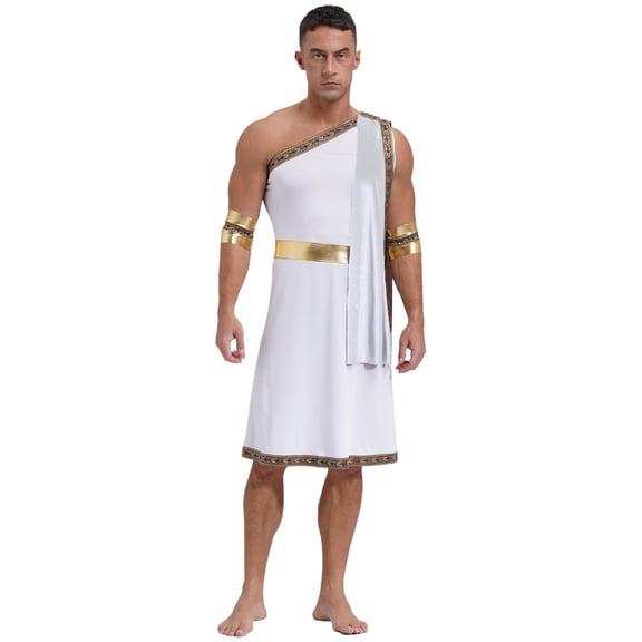 inlzdz Mens Roman Emperor Toga Costume Julius Caesar Cosplay One Shoulder Robes White L