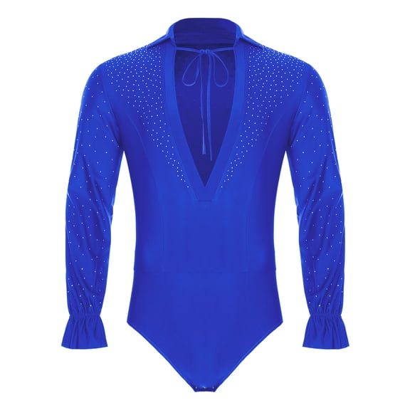 inlzdz Mens Sparkly Latin Dance Leotard Deep V-Neck Long Sleeve Rhinestone Shirt for Skating Dancing Royal Blue 3XL