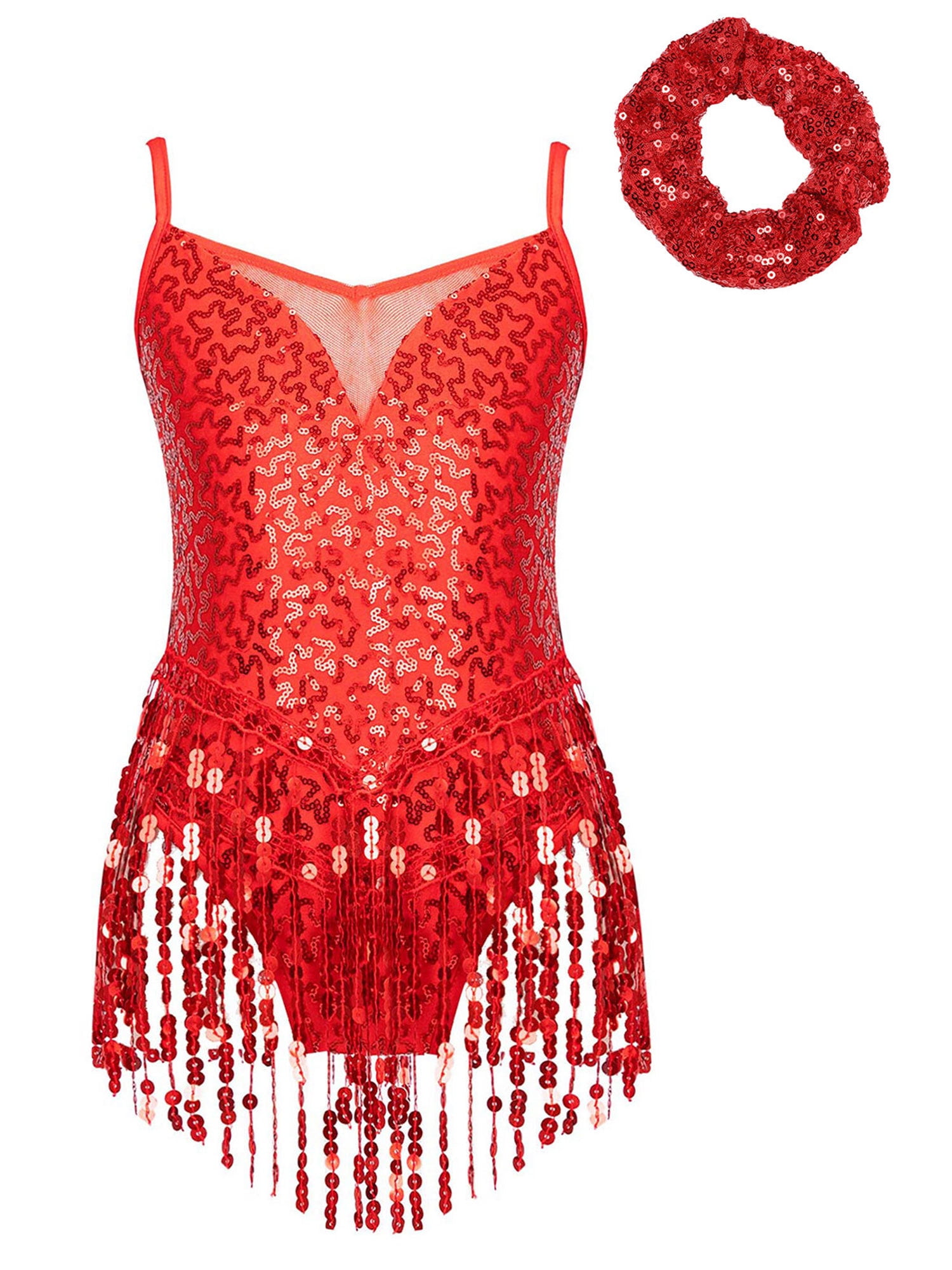 inlzdz Sequin Tassel Dance Leotard Fringe Dress for Girls Latin