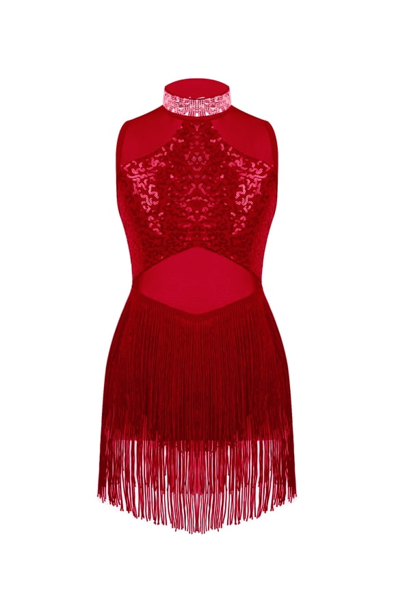 Sequins Ballerina Dress for Girls Jazz Latin Tango Tassel Dance Dress Ballroom Dancewear Burgundy 8