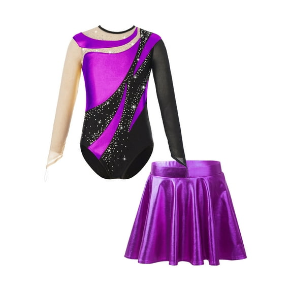 inlzdz Sheer Mesh Long Sleeve Gymnastics Leotards for Girls Sparkle Ballet Dance Skating Costume Purple 12