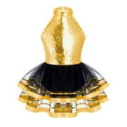 inlzdz Shiny Ballet Dress for Girls Halter Jazz Latin Tap Ballroom Dancewear Ballerina Tutu Costume Gold 16