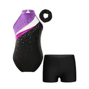 inlzdz Shiny Gymnastics Leotard for Girls Sparkly Dance Unitard Kid Sleeveless Dancewear 3Pcs Outfit Purple&Black 10