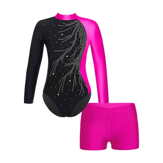inlzdz Shiny Sequined Gymnastics Leotards for Girls with Dance Shorts 2Pcs Gymnastics Set Dancewear Rose 8