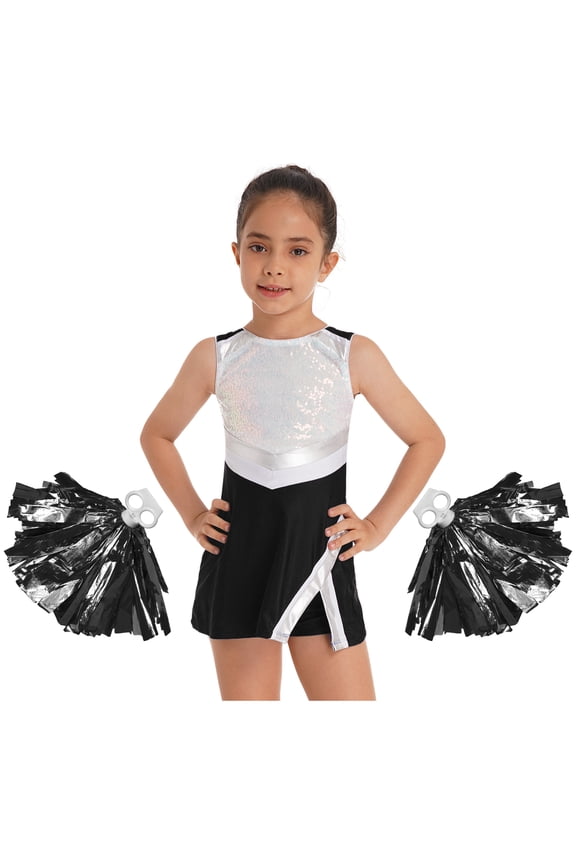 Sparkle Cheerleading Outfit for Girls Teen Cheer Leader Uniform Dance Dress with Pom Poms Set Black 4