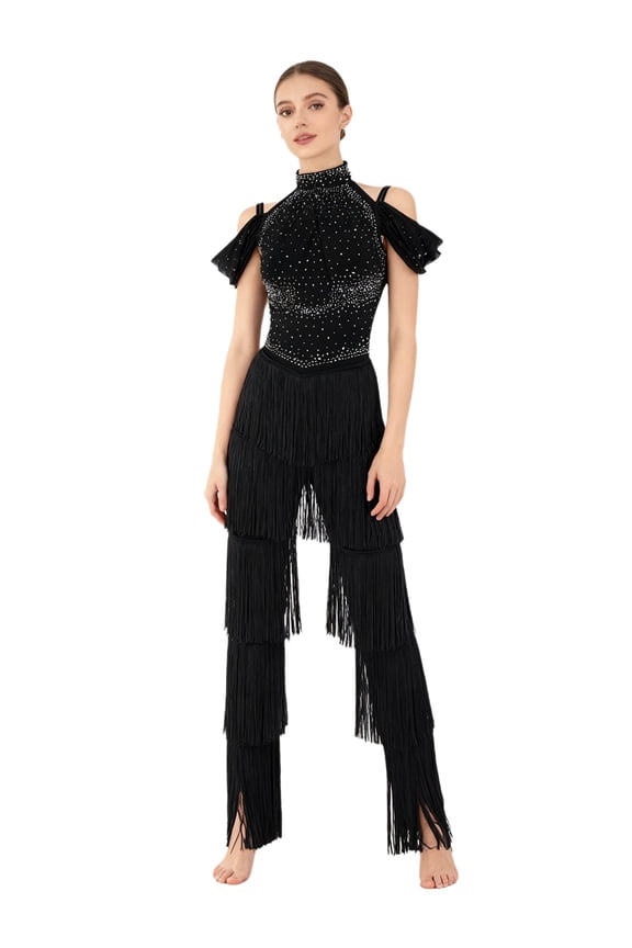 Sparkly Rhinestones Tassels Jumpsuit For Women Dance Leotard Latin Jazz Party Dancing Clothes Black XL
