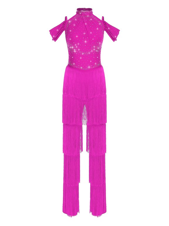 Sparkly Rhinestones Tassels Jumpsuit For Women Dance Leotard Latin Jazz Party Dancing Clothes Hot Pink S