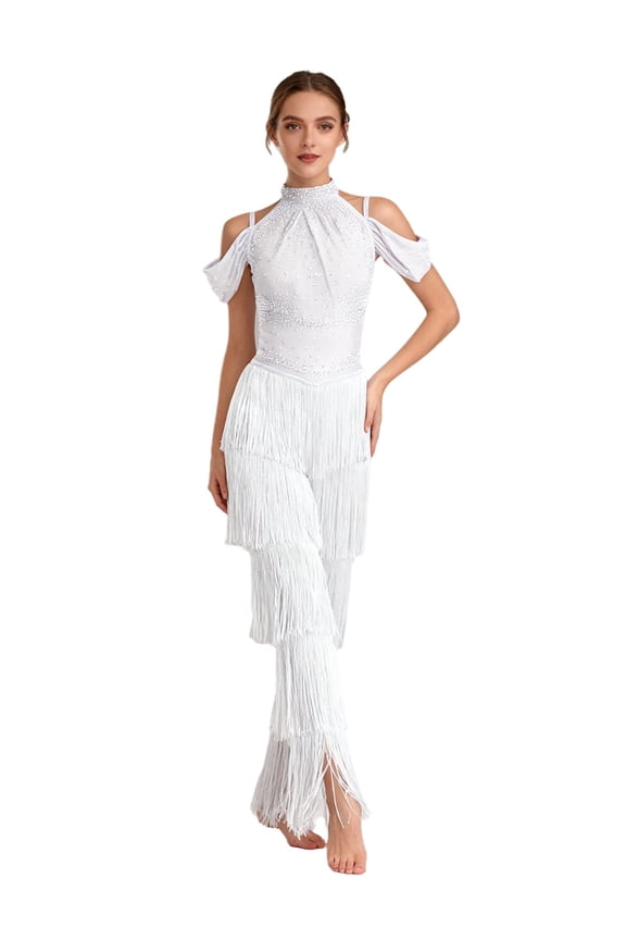 Sparkly Rhinestones Tassels Jumpsuit For Women Dance Leotard Latin Jazz Party Dancing Clothes White XL