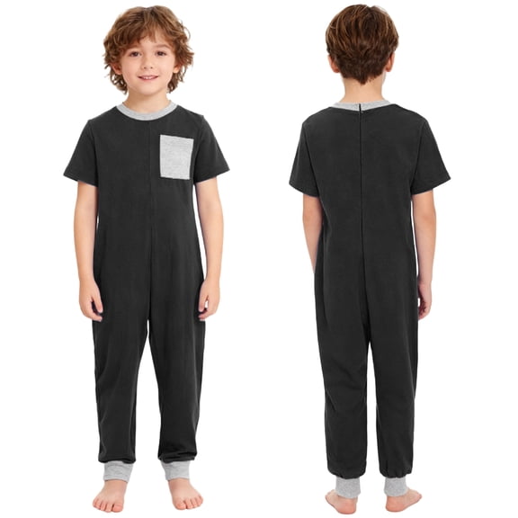 inlzdz Special Needs Adaptive Clothing for Kids Short Sleeve Anti-Strip Romper Long Leg Zip Back Jumpsuit Black 8
