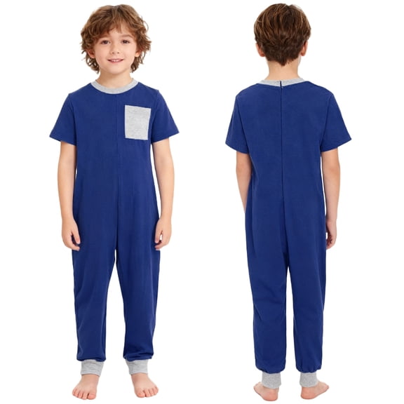 inlzdz Special Needs Adaptive Clothing for Kids Short Sleeve Anti-Strip Romper Long Leg Zip Back Jumpsuit Navy Blue 12