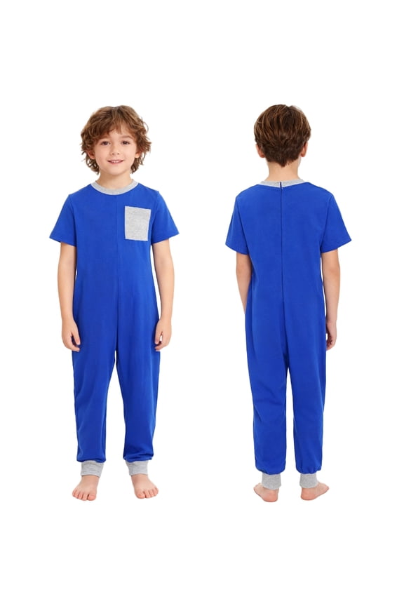 Special Needs Adaptive Clothing for Kids Short Sleeve Anti-Strip Romper Long Leg Zip Back Jumpsuit Royal Blue 10