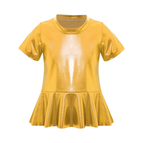 inlzdz Toddler Girls Metallic Ruffle Hem Top Kids Short Sleeve Sparkly T-shirt Jazz Dance Shirt Peplum Tee Gold 110
