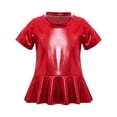 thumbnail image 1 of inlzdz Toddler Girls Metallic Ruffle Hem Top Kids Short Sleeve Sparkly T-shirt Jazz Dance Shirt Peplum Tee Red 120, 1 of 5