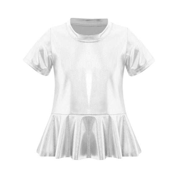 inlzdz Toddler Girls Metallic Ruffle Hem Top Kids Short Sleeve Sparkly T-shirt Jazz Dance Shirt Peplum Tee Silver 140