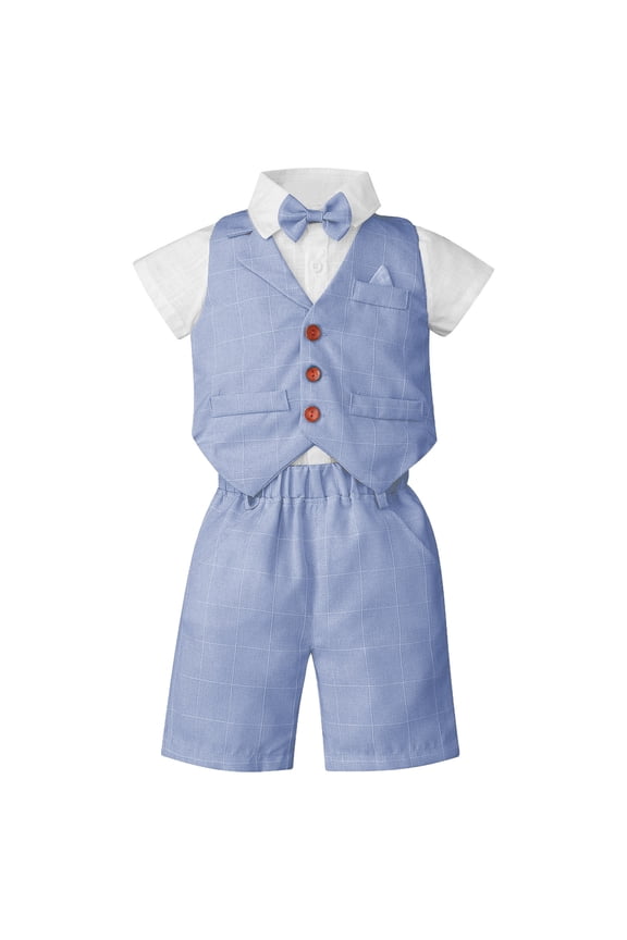 Toddler Kids Boys Wedding Formal Suit Short Sleeve Vest Shirt Shorts Bow Tie Tuxedo Outfit Set Sky Blue 2-3