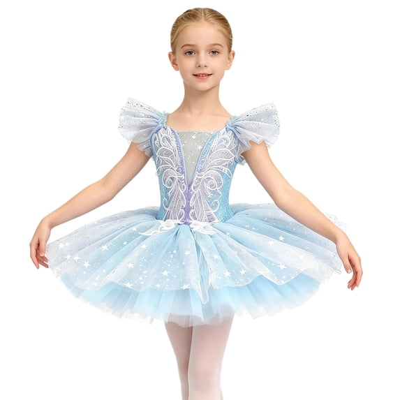 inlzdz Tutu Girls Dance Competition Dress Gymnastic Skirt Light Blue 110