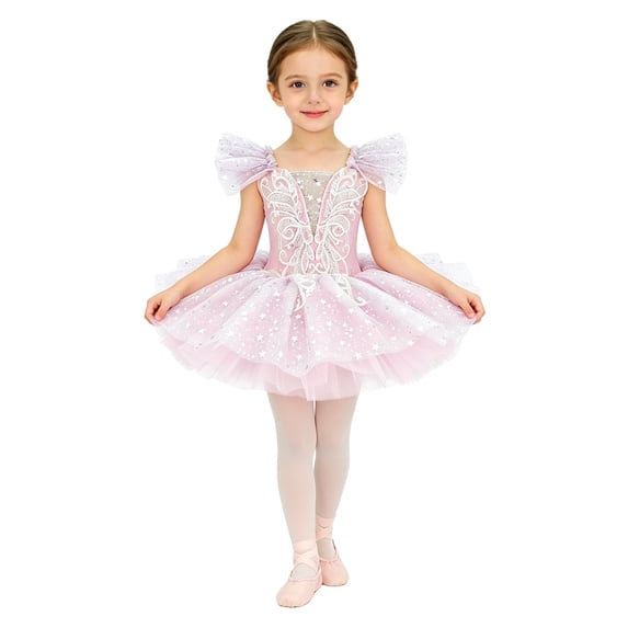 inlzdz Tutu Girls Dance Competition Dress Gymnastic Skirt Pink 110