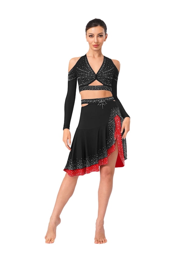 Women 2Pcs Latin Dance Oufits Shiny Rhinestone Ruffled Skirt Ballroom Salsa Cha Cha Dance Party Dress Black XXL