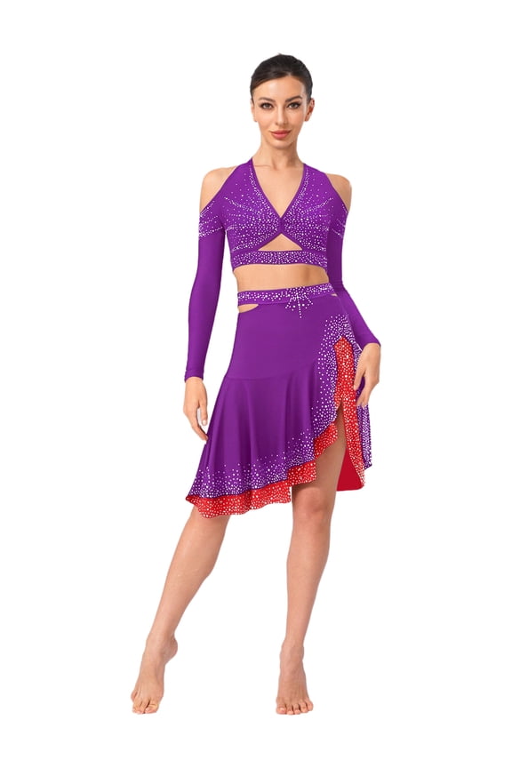 Women 2Pcs Latin Dance Oufits Shiny Rhinestone Ruffled Skirt Ballroom Salsa Cha Cha Dance Party Dress Purple S