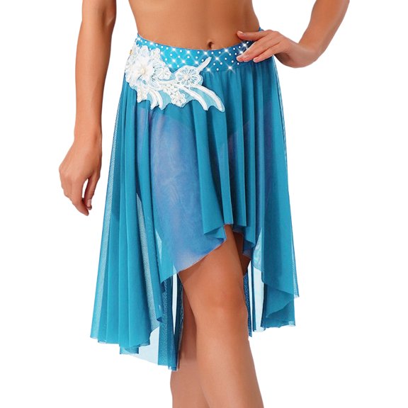inlzdz Women Applique Glittery Dance Skirt Irregular Mesh Hem Built-in Brief Skirts Dancewear Light Blue XXL