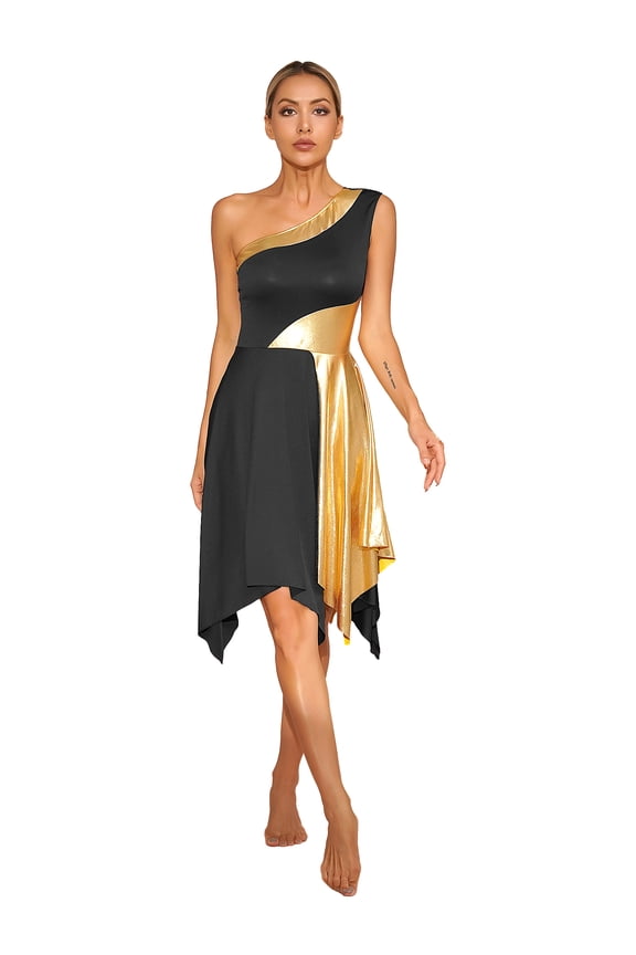 Women Color Block Ballet Praise Dance Dress Sleeveless Modern Contemporary Workship Dance Dress Black M