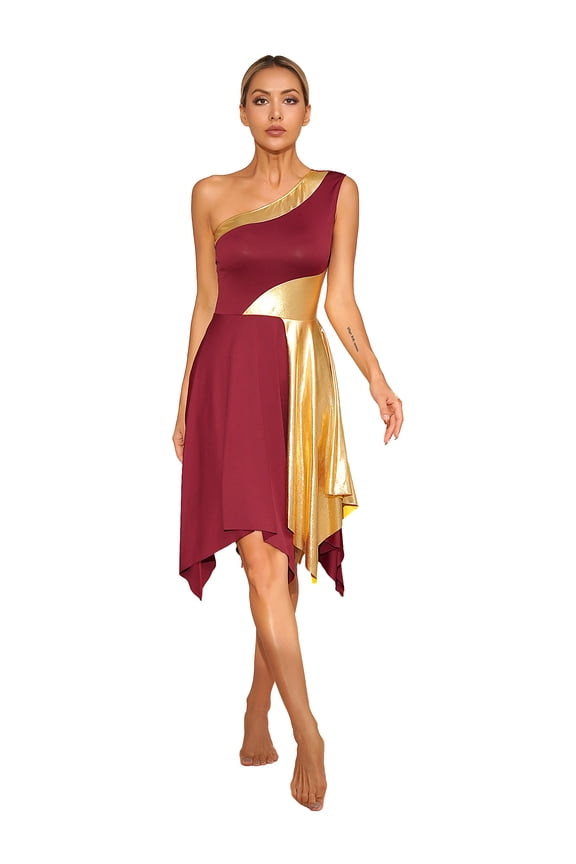 Women Color Block Ballet Praise Dance Dress Sleeveless Modern Contemporary Workship Dance Dress Burgundy S