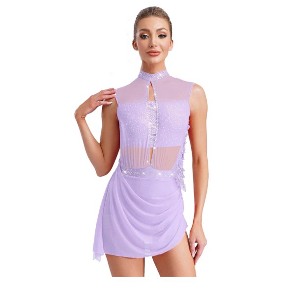 inlzdz Women Figure Skating Dance Dress Mesh Rhinestones Asymmetrical Ballet Lyrical Dancewear Light Purple S