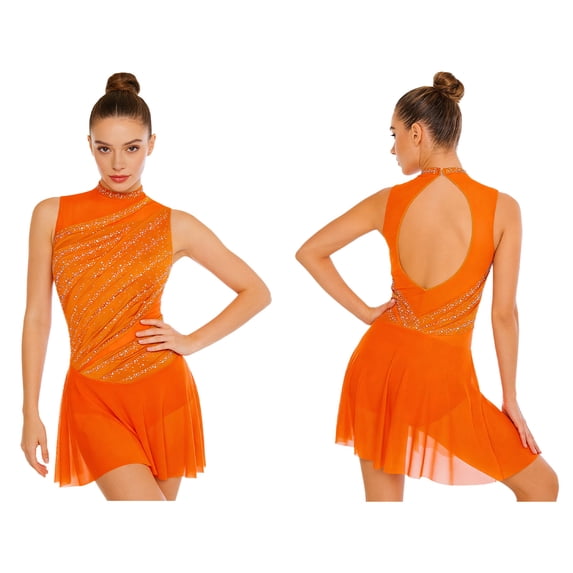 inlzdz Women Flowy Tulle Skirted Leotard Contemporary Lyrical Dance Dress Ballet Dancewear Orange XXL