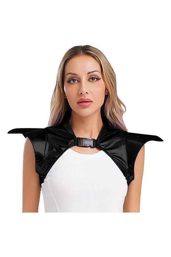 Women Gothic Punk Cape Shawl Shiny Metallic Shawl for Singer Bar Stage Show Pauldron Armour Black S