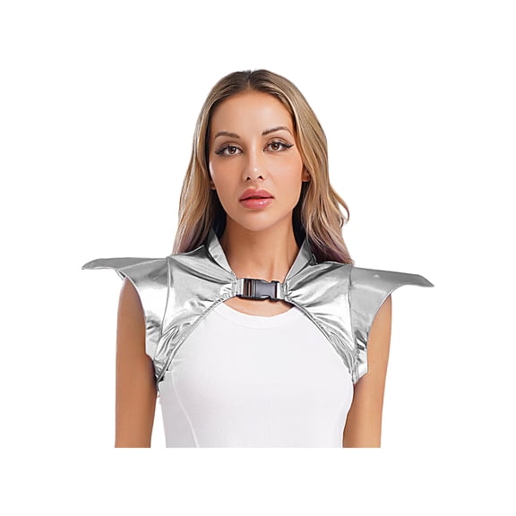 inlzdz Women Gothic Punk Cape Shawl Shiny Metallic Shawl for Singer Bar Stage Show Pauldron Armour Silver S