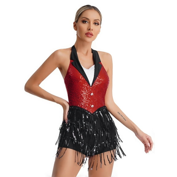 inlzdz Women Jazz Hip Hop Dance Costume Sleeveless Sequins Tassel Fringe Latin Leotard Dress Red M