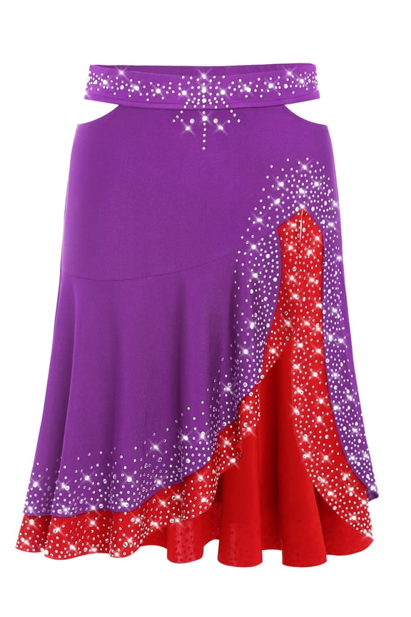 Women Jazz Latin Dance Skirt Rhinestone Color Contrast Ruffle Ballroom Salsa Skirts Dancewear Purple S