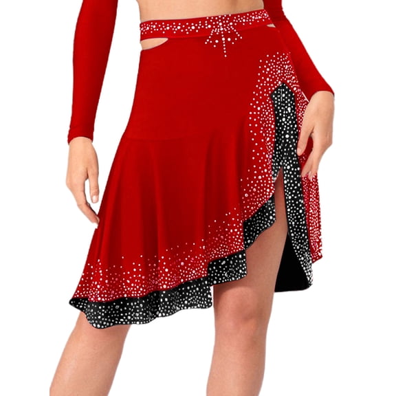 inlzdz Women Jazz Latin Dance Skirt Rhinestone Color Contrast Ruffle Ballroom Salsa Skirts Dancewear Red S