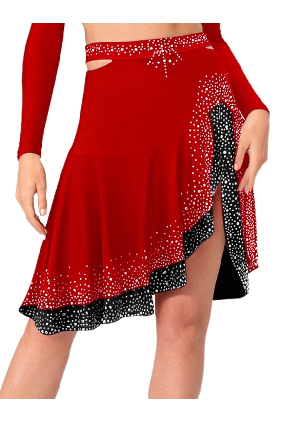 Women Jazz Latin Dance Skirt Rhinestone Color Contrast Ruffle Ballroom Salsa Skirts Dancewear Red XXL