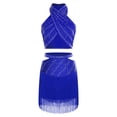 thumbnail image 1 of inlzdz Women Latin Dance Set Rhinestones Crop Top Fringe Short Skirts Modern Dancing Outfits Blue L, 1 of 5