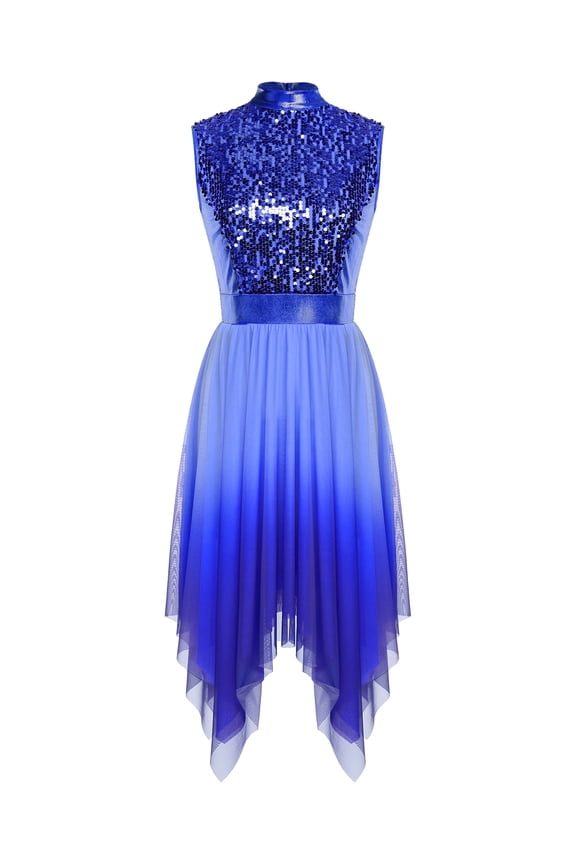 Women Liturgical Praise Dance Dress Sequin Sleeveless Worship Overlay Tunic Lyrical Dancewear Royal Blue L