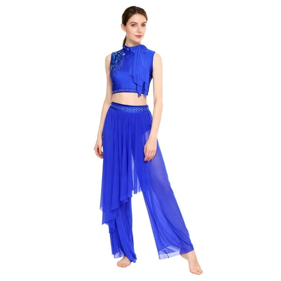 inlzdz Women Lyrical Dance Suit Sleeveless Mesh Top Wide Leg Pants 2 Piece Stage Performance Outfits Royal Blue XL