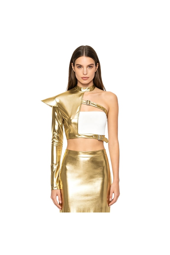Women One Shoulder Sleeve Rave Outfits Adjustble Buckles Short Leather Jacket Shiny Metallic Shrug Top Gold M