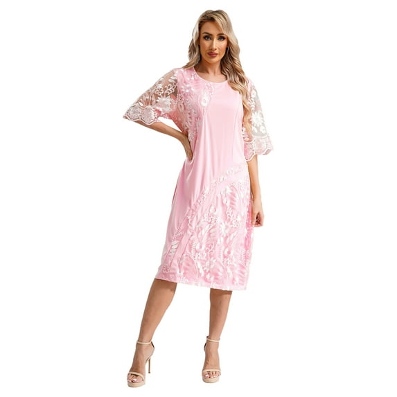 inlzdz Women Plus Size Mother of The Bride Dresses Elegant Embroidery Lace Cocktail Dress Wedding Ball Gowns Pink 5XL