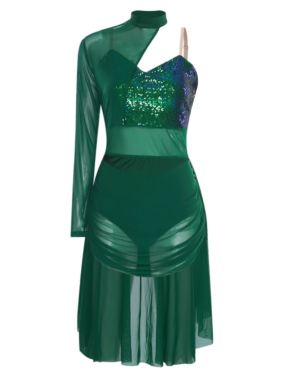 Women Shiny Lyrical Dance Dress One Shoulder Sequins Leotard for Performance Dancing Green XL