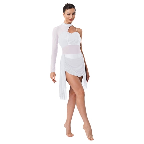 inlzdz Women Shiny Lyrical Dance Dress One Shoulder Sequins Leotard for Performance Dancing White S