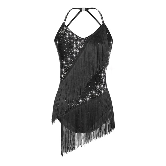 inlzdz Women Shiny Tassel Latin Dance Bodysuit Sleeveless Halter V-Neck Ballroom Dancing Dress Leotard Black XL