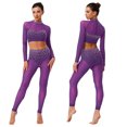 thumbnail image 1 of inlzdz Women Sparkle Gymnastics Workout Crop Top with Yoga Leggings 2 Piece Dance Outfit Activewear Purple XL, 1 of 6