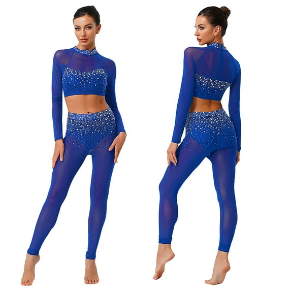inlzdz Women Sparkle Gymnastics Workout Crop Top with Yoga Leggings 2 Piece Dance Outfit Activewear Royal Blue XXL