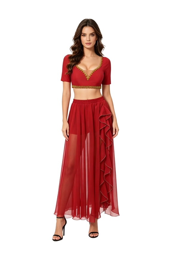 Women Tribal Belly Dance Top and Maxi Skirt Rave Outfits 2 Pcs Set Arabian Fance Dress Up for Bachelor Red S