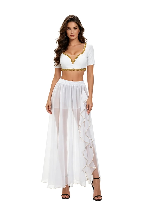 Women Tribal Belly Dance Top and Maxi Skirt Rave Outfits 2 Pcs Set Arabian Fance Dress Up for Bachelor White S
